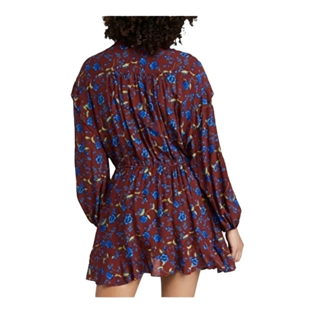 Free People Burgundy Blue Floral Long Sleeve Tie Waist Mini Dress Small